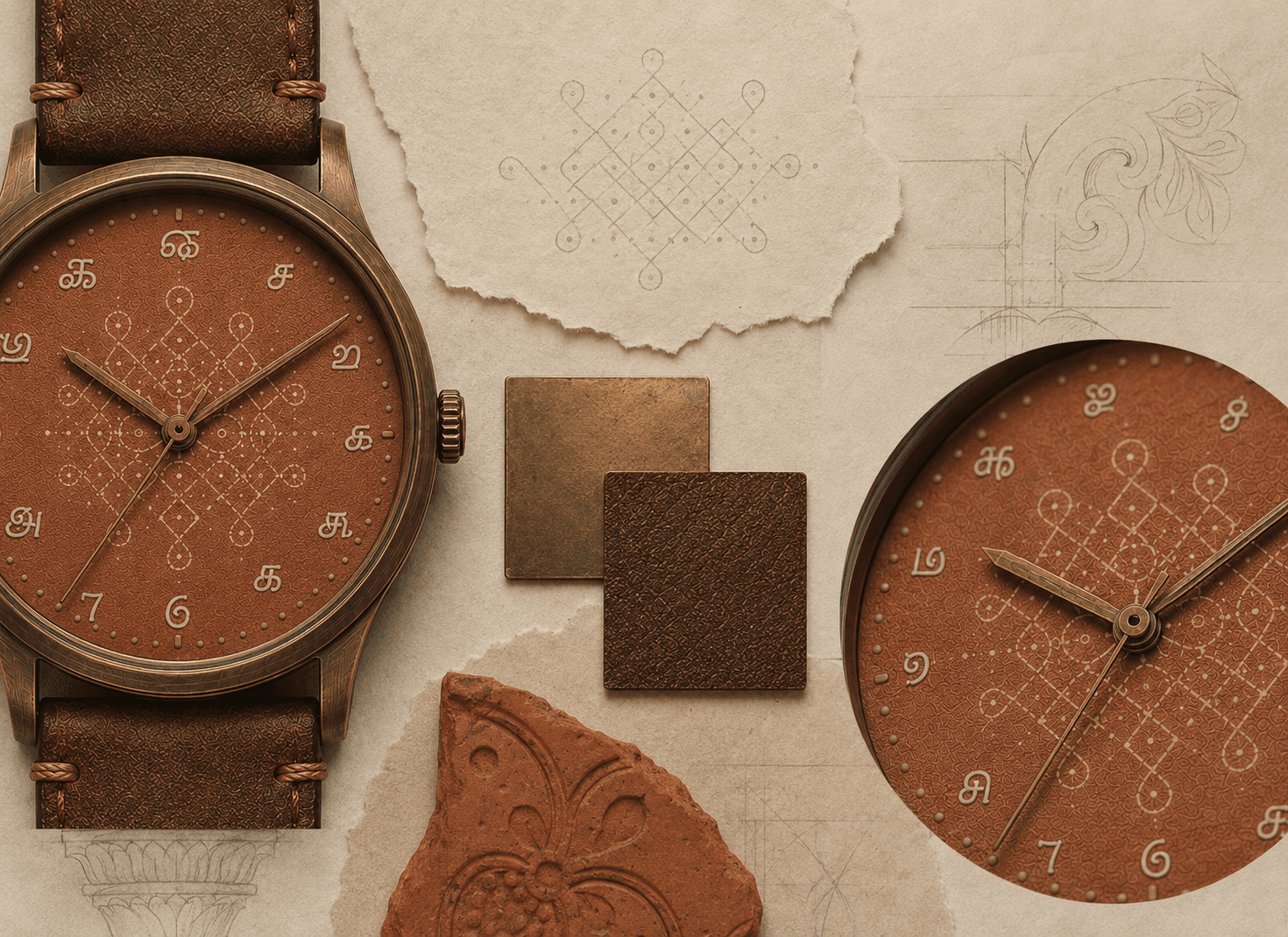Padraj concept board with watch details, kolam sketches, terracotta, bronze, and leather material references