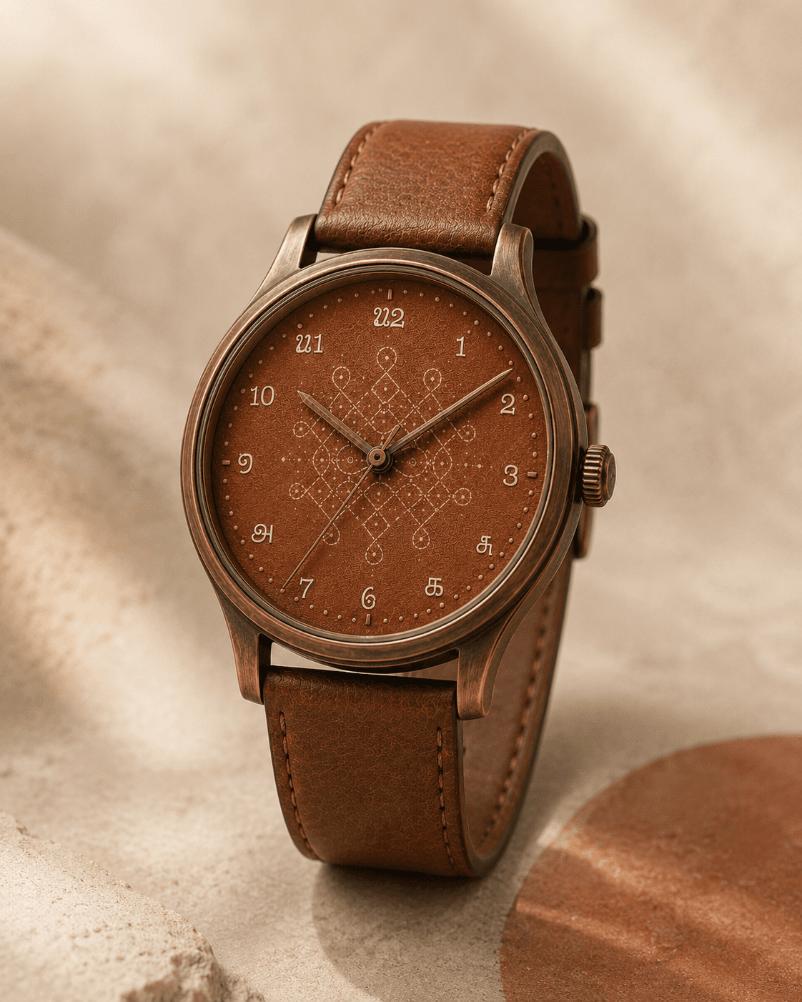 Padraj Kolam Earth watch with terracotta dial, Tamil numerals, aged bronze case, and leather strap